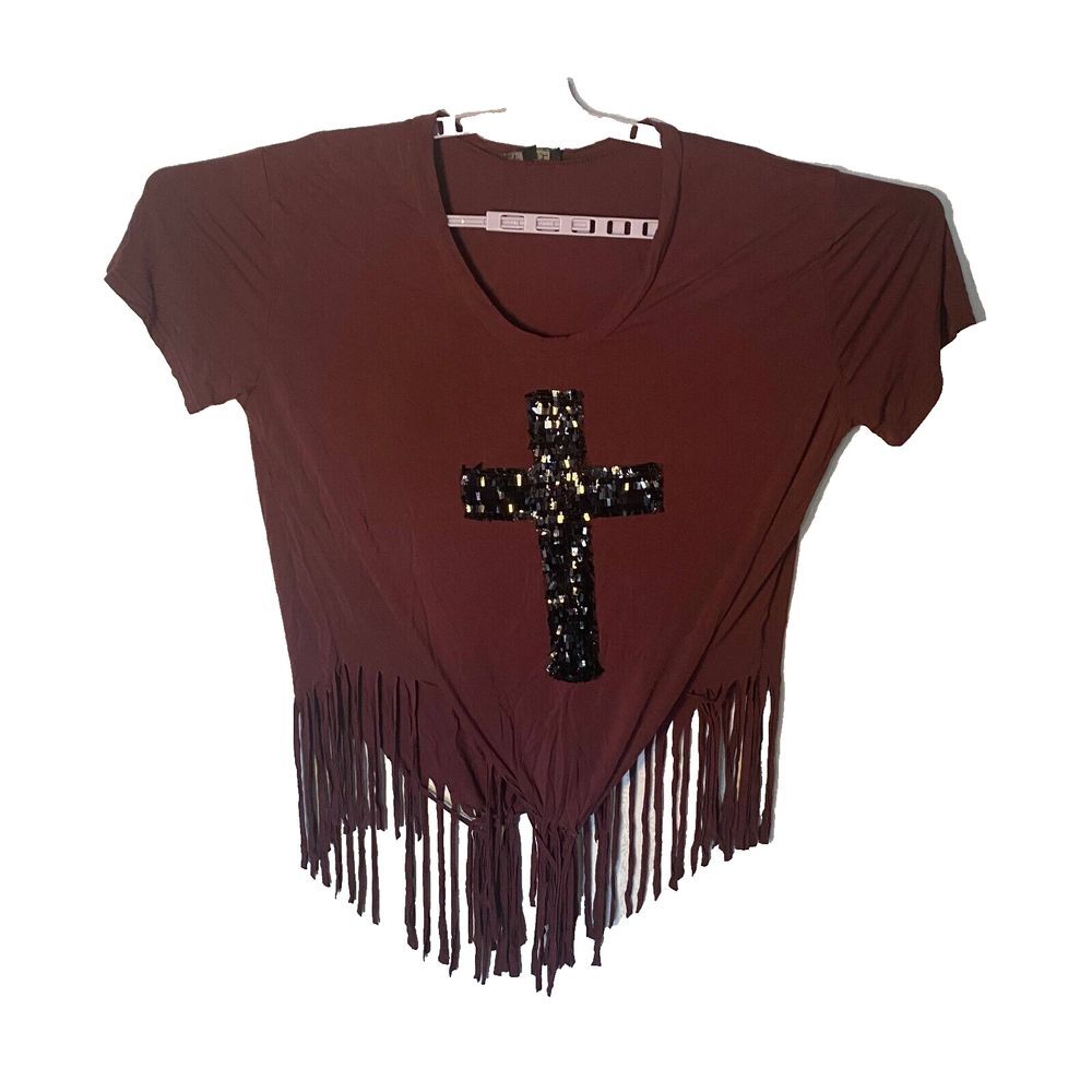 POL T-Shirts Women's Size L Purple Cotton Blend Round Neck Tops Tassel Hem